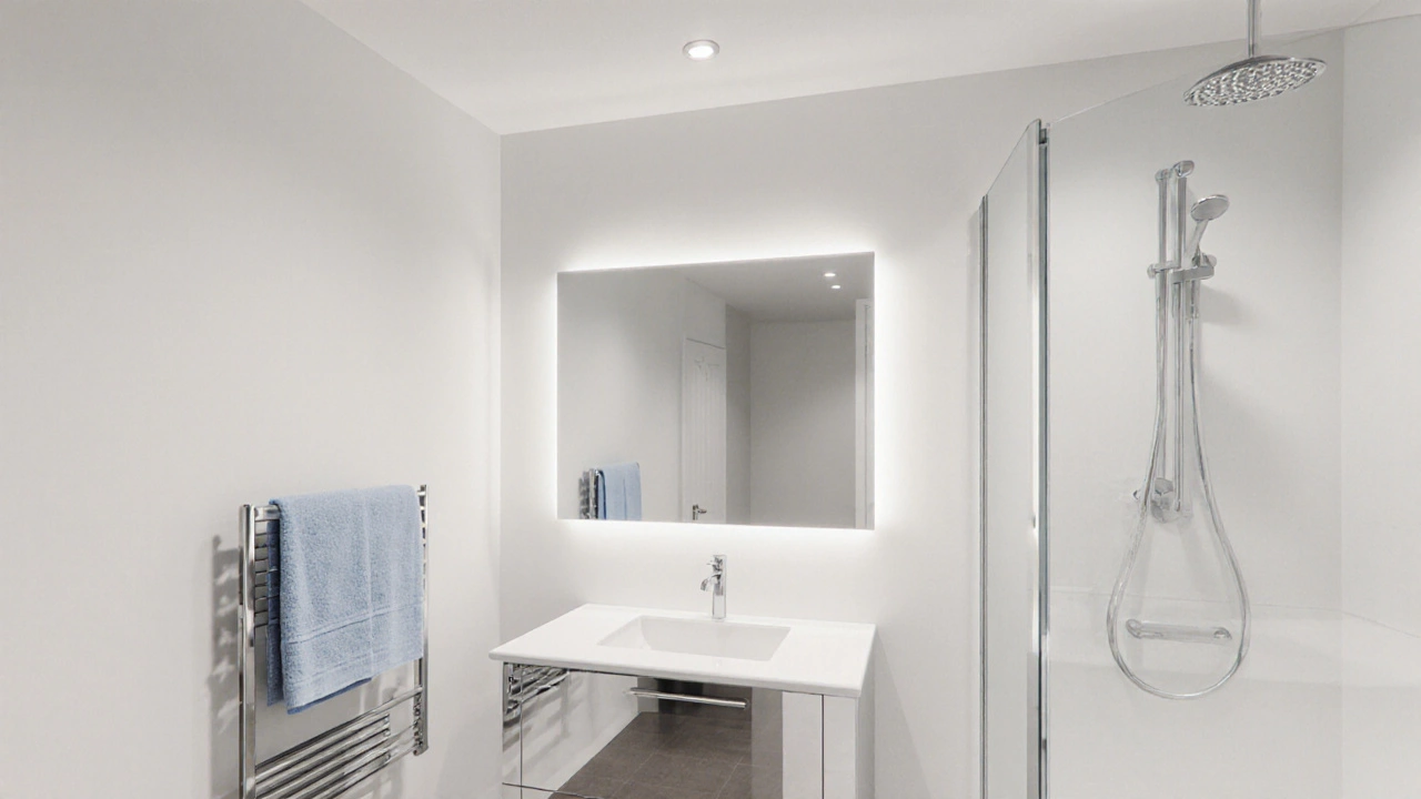 A bright small bathroom painted pure white with chrome fixtures, glass shower door, and soft gray accents, appearing spacious.