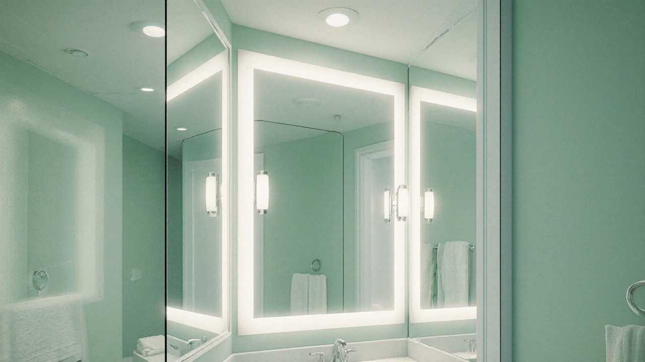 A small bathroom featuring a floor‑to‑ceiling mirror, recessed LED ceiling lights, and vanity lighting that amplify light and space.