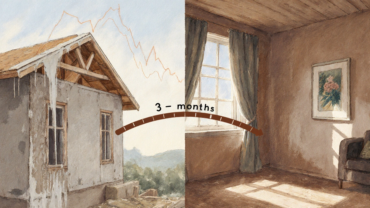 Artistic split illustration showing new home drying on left, settled home on right.