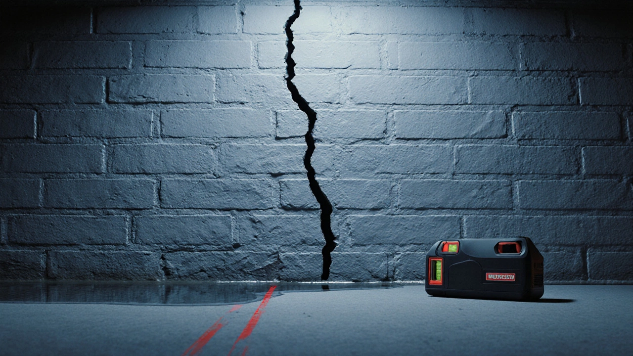 Basement wall showing a wide horizontal crack, water pooling, and a laser level.