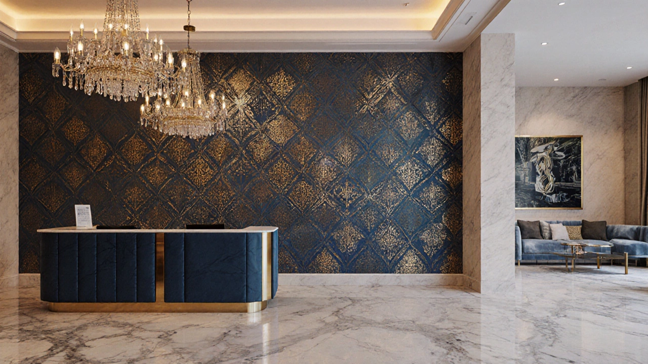 Boutique hotel lobby featuring luxurious silk wallpaper on an accent wall.