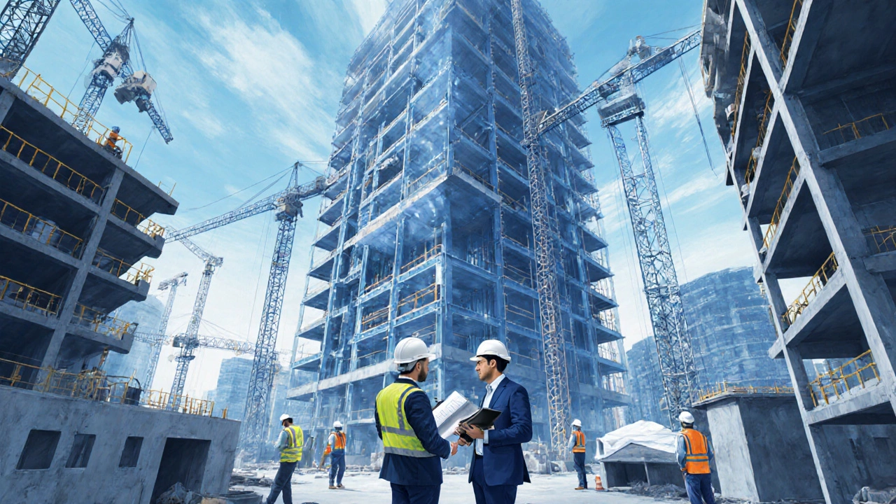 Busy construction site with a skyscraper under build, crews, and supervisors coordinating.