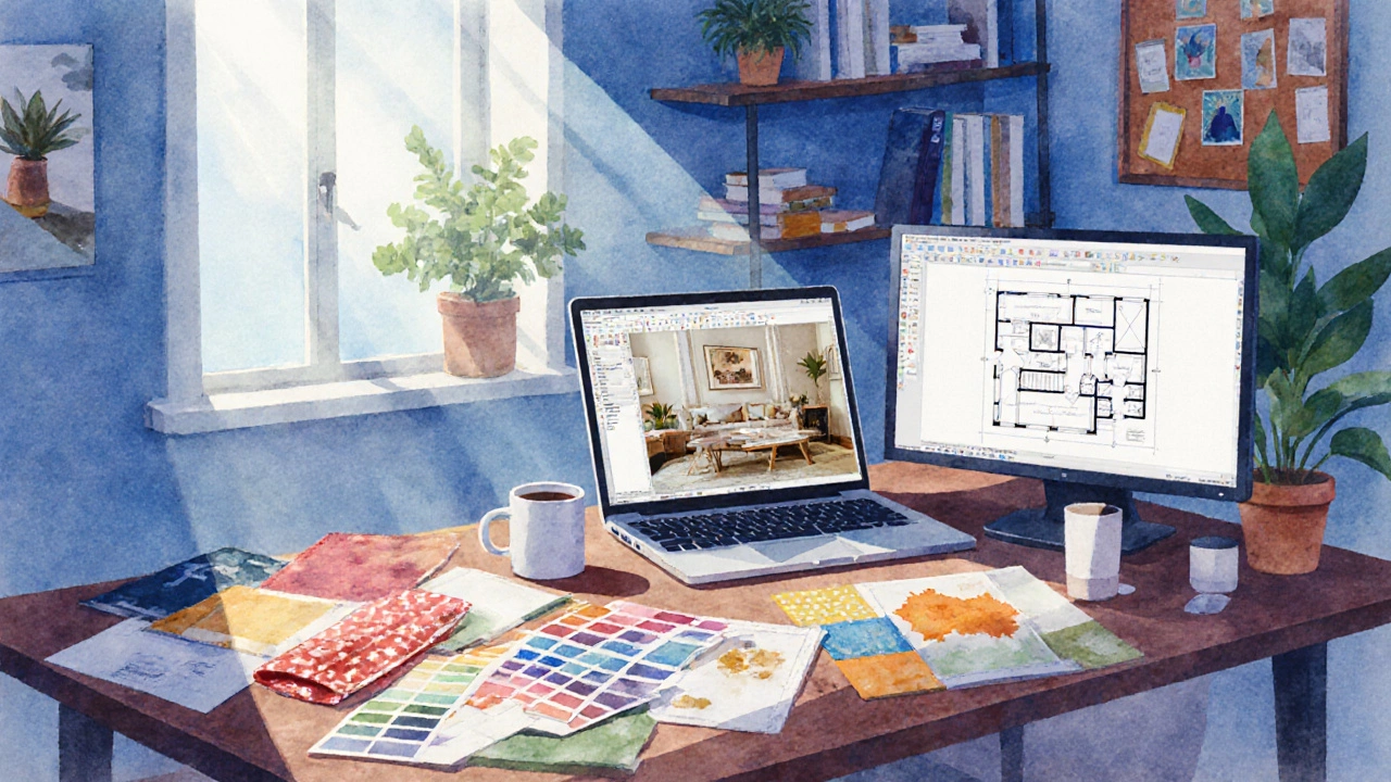Creative workspace with mood boards, SketchUp model, and AutoCAD plans on a table.