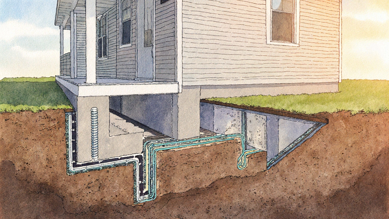 Cross‑section illustration of underpinning piers, wall anchors, and drainage system.