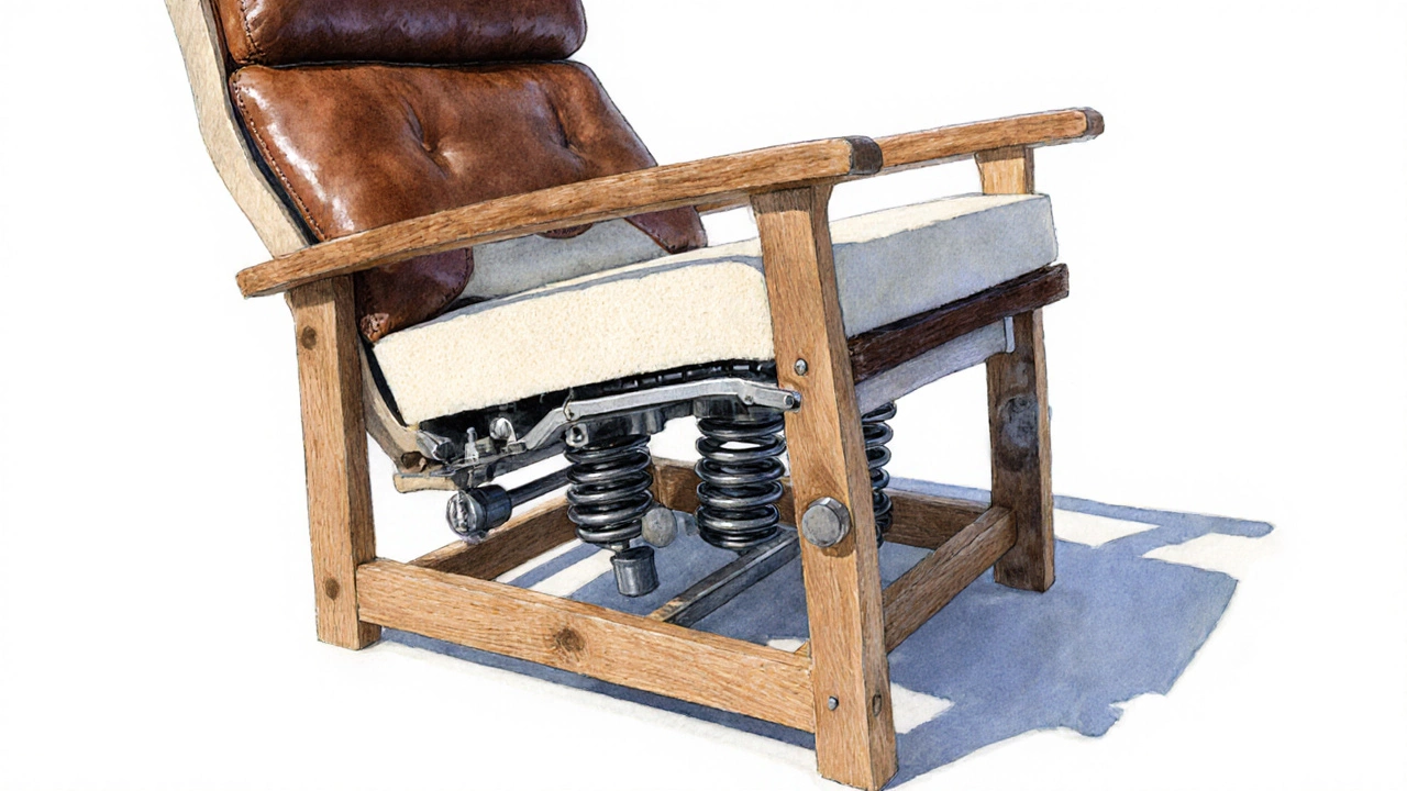 Cutaway illustration showing a recliner&#039;s wood frame, springs, and cushions.