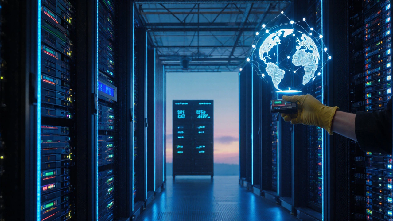 Data‑center aisle with tape library, HDD and SSD racks, and glowing cloud representation.