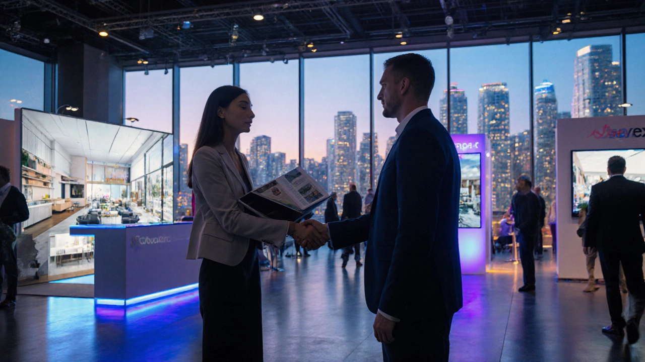 Designer networking at a Vancouver design expo, holding a portfolio and shaking hands.