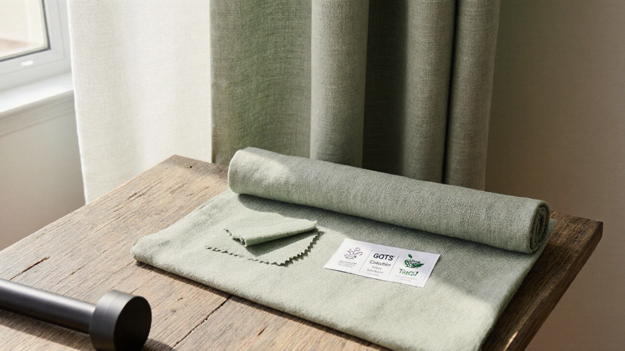 Dusty Sage linen curtains displayed with sustainable fabric swatches.