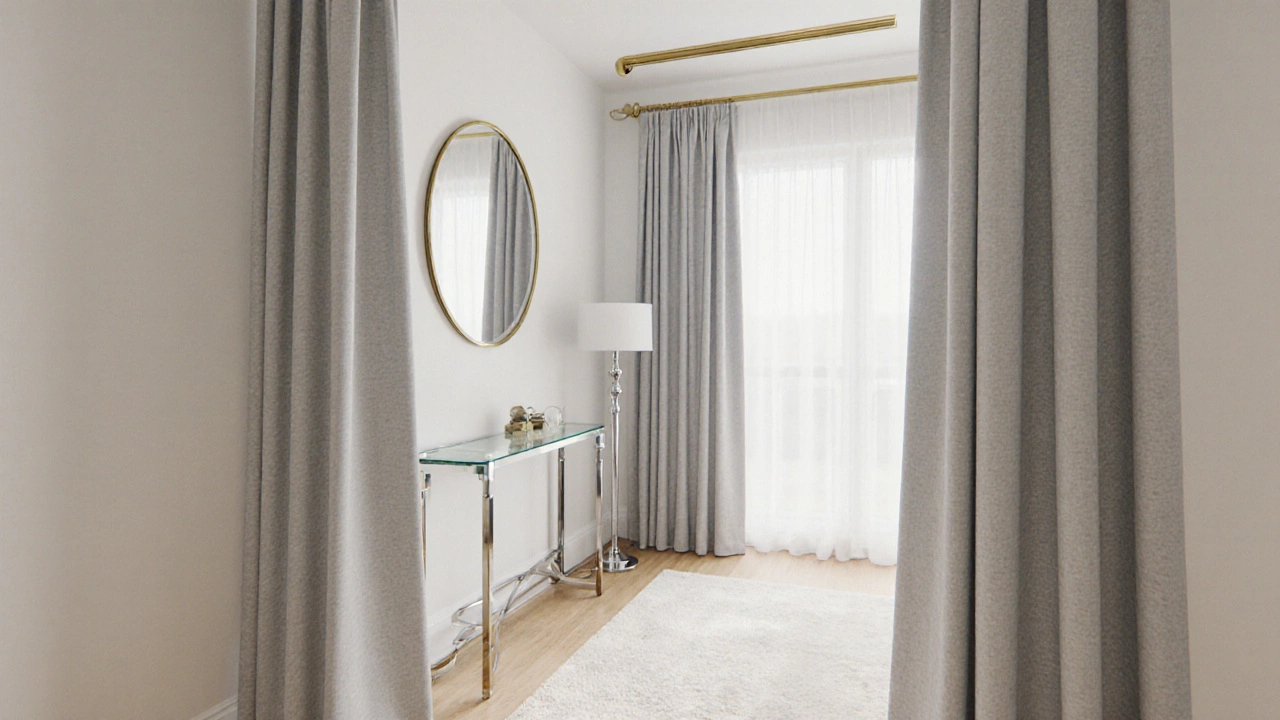 Elegant room with light gray curtains on a brass rod, mirrored table, and metallic accents.
