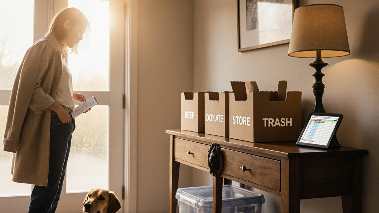 Entryway with four labeled boxes and a person sorting items under morning light.