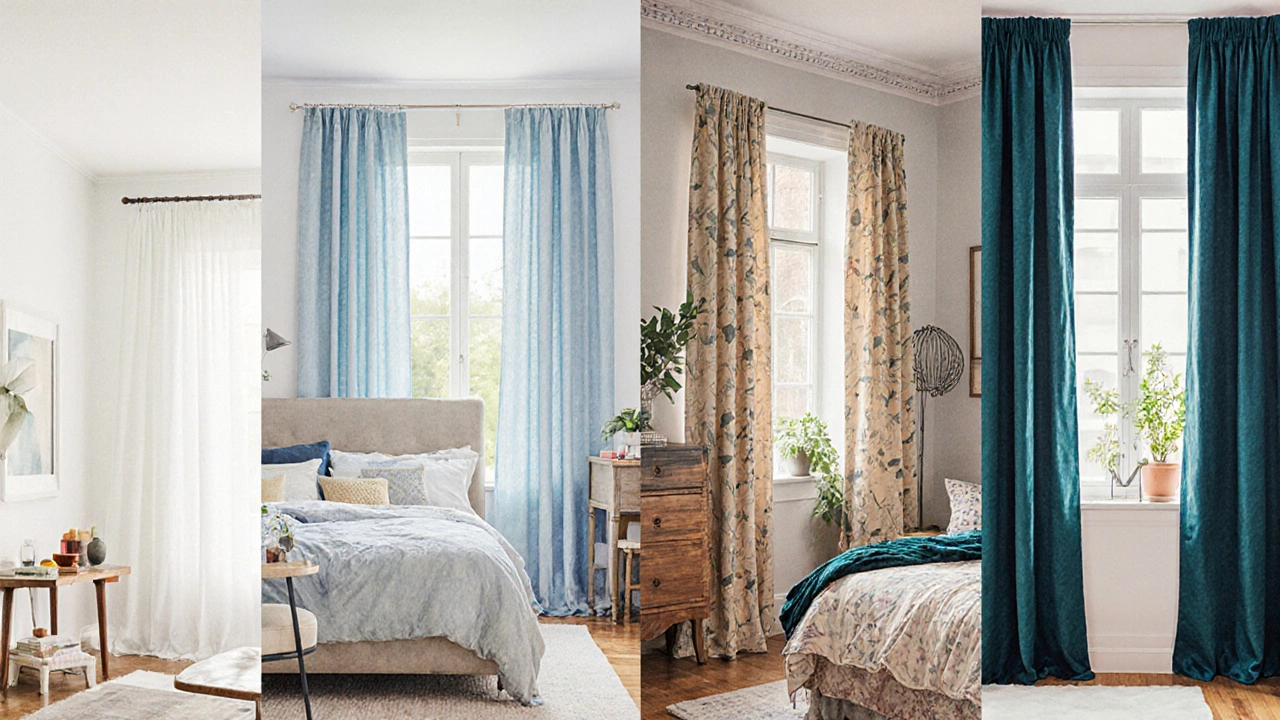 Five panel illustration showing different design styles with matching curtain colors.