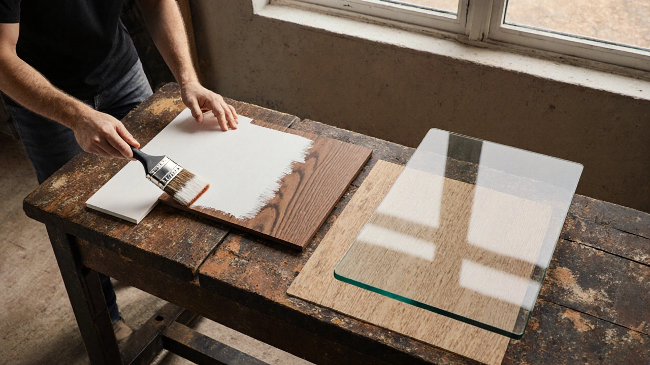 Flat‑lay showing paint, stain, veneer, and glass top options for a table.