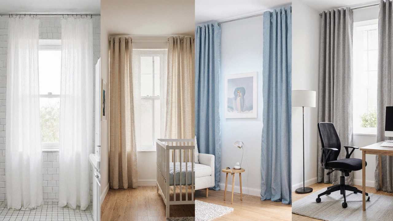 Four rooms showing white, beige, pastel blue, and light gray curtains expanding each space.