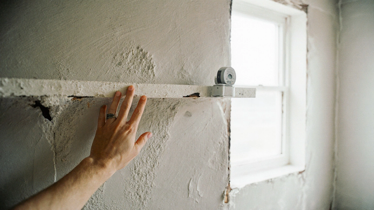 Hand testing drywall surface in a new build, with a crack and moisture meter visible.
