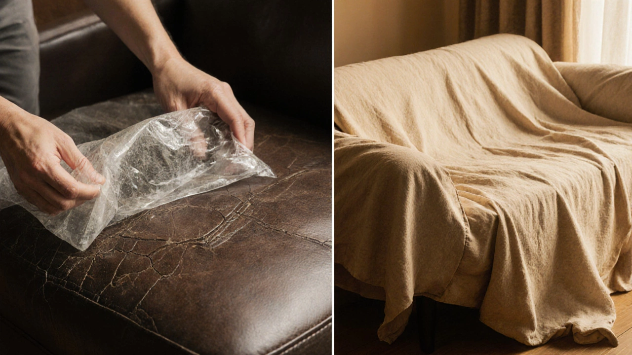 Hands replacing plastic cover with breathable cotton on leather sofa, showing protection contrast.