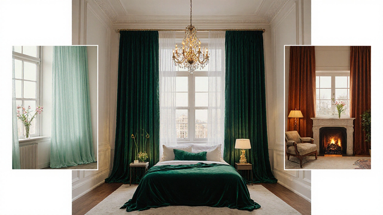 High‑ceiling bedroom with emerald velvet curtains and inset spring mint and autumn rust scenes.