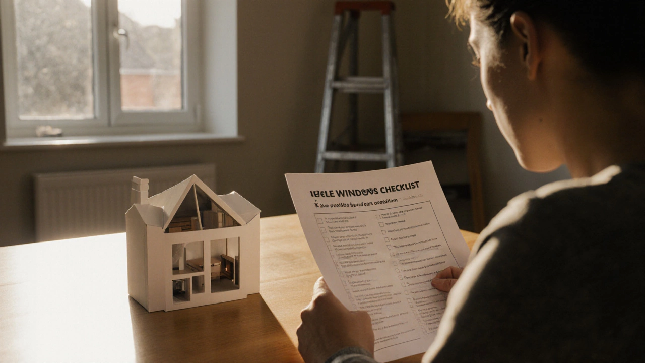 Homeowner at table reviewing a checklist beside a loft conversion model under warm indoor lighting.