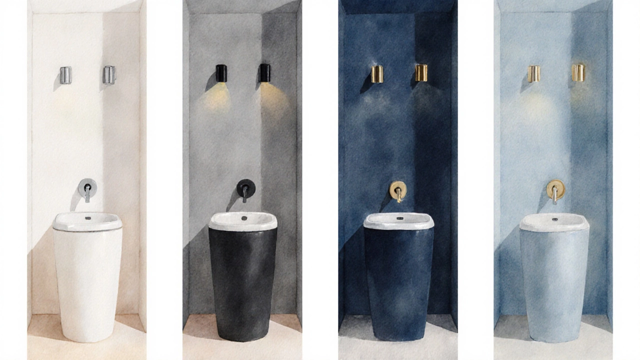 Illustrated collage of five small bathroom scenes, each highlighting a different timeless wall color.