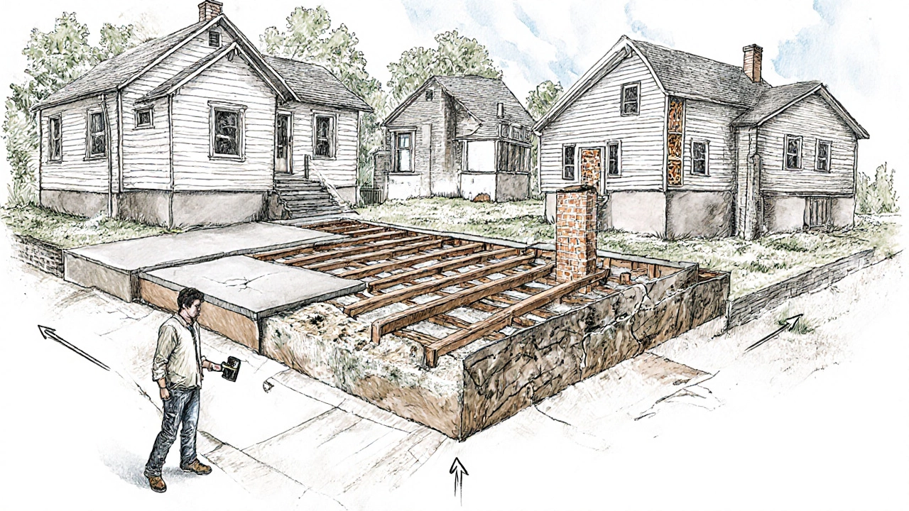 Illustration of slab, crawl‑space, and pier‑and‑beam foundations with visible issues and a homeowner inspecting.