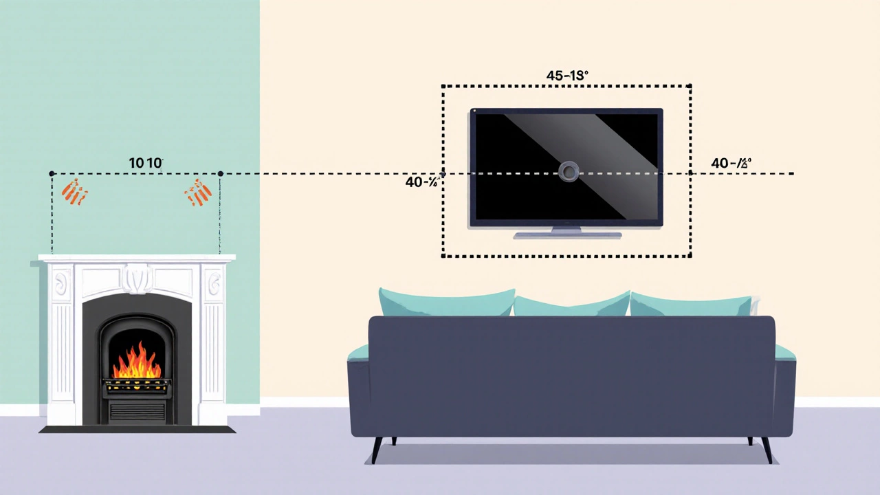 Illustration of TV at eye level with proper viewing angles and heat clearance.