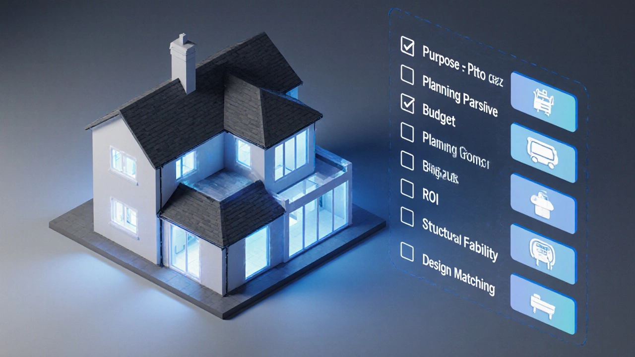 Isometric 3D house model with digital checklist of extension considerations.
