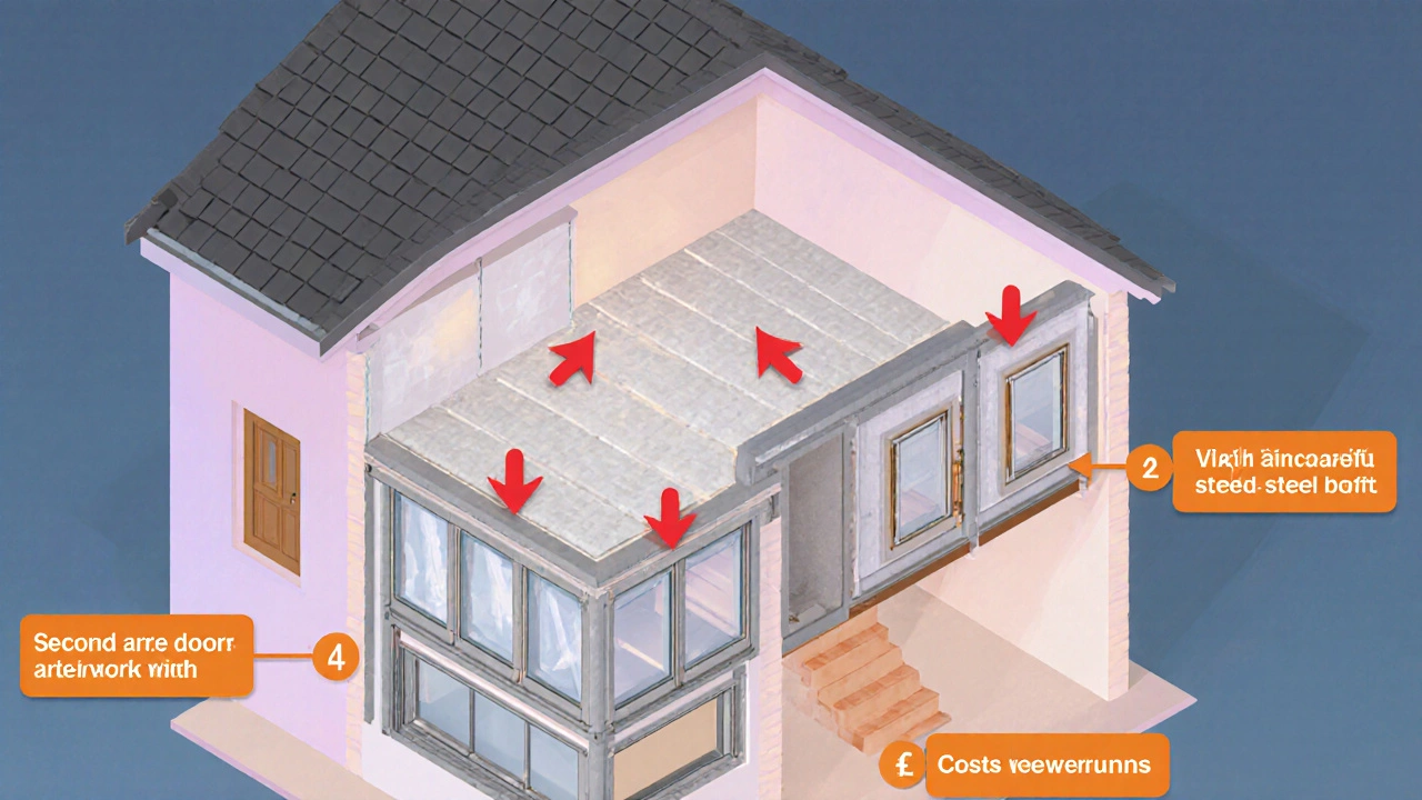 Isometric cutaway of a house showing loft conversion layers, reinforcement, and fire safety features.