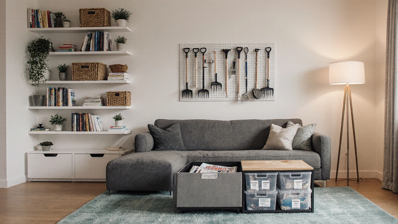 Living room featuring floor‑to‑ceiling shelves, hidden‑drawer sofa, and clear bins.