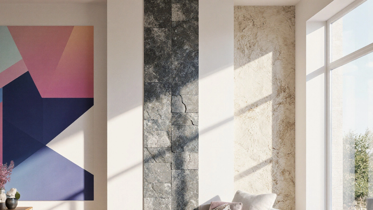Living room showing digital mural, vinyl stone panels, and textured plaster walls.