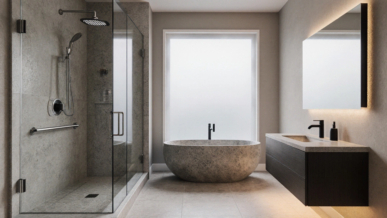 Luxurious bathroom featuring walk‑in shower, stone freestanding tub, and heated flooring.