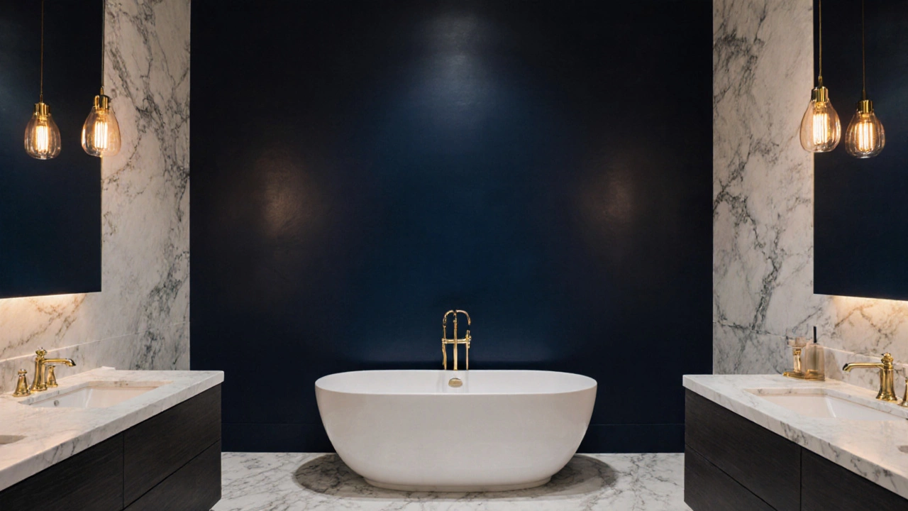Luxurious master bathroom featuring navy accent wall, brass hardware, marble floor and warm lighting.
