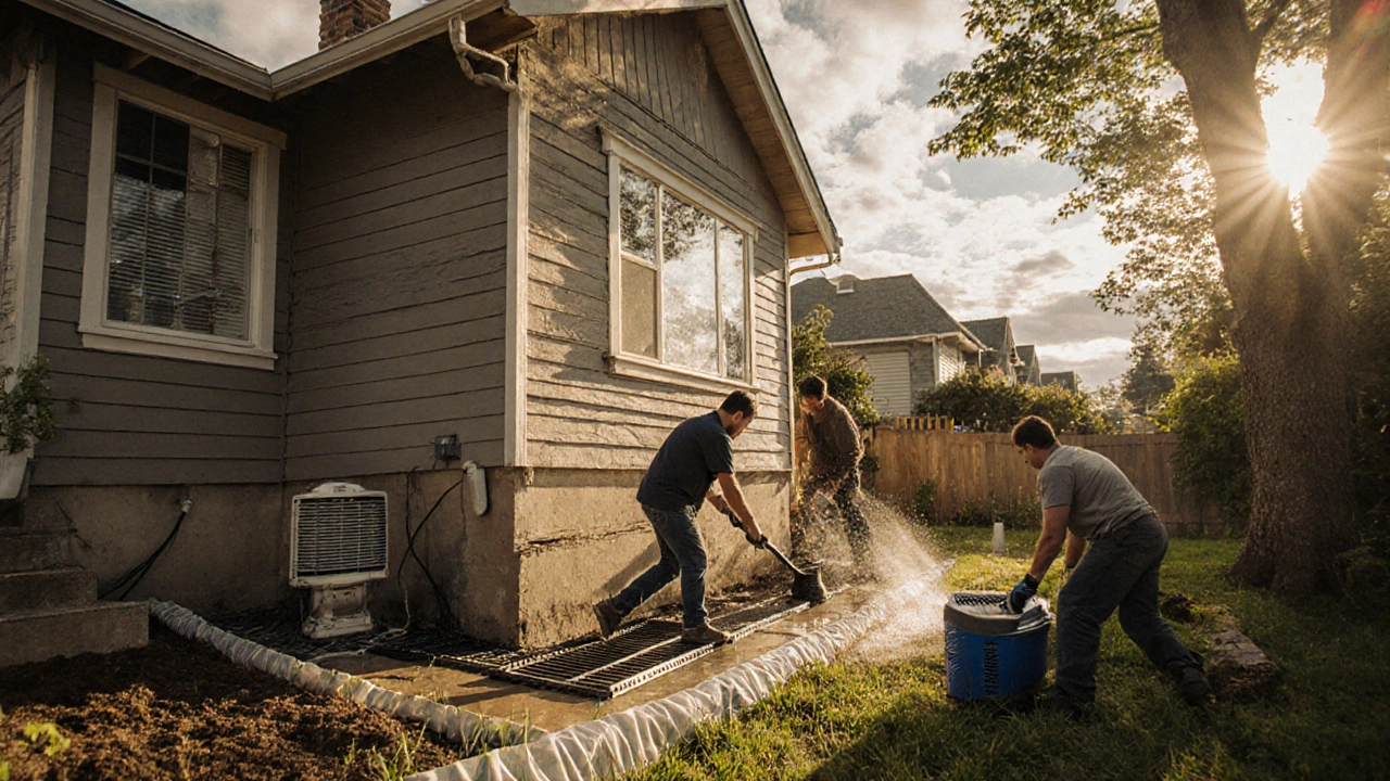 Maintenance crew installing French drain and sump pump while homeowner uses dehumidifier and trims roots.