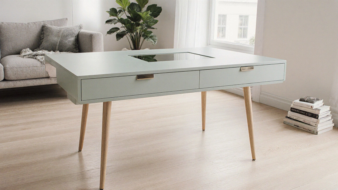 Modernized table with glass top in a bright Scandinavian living room.