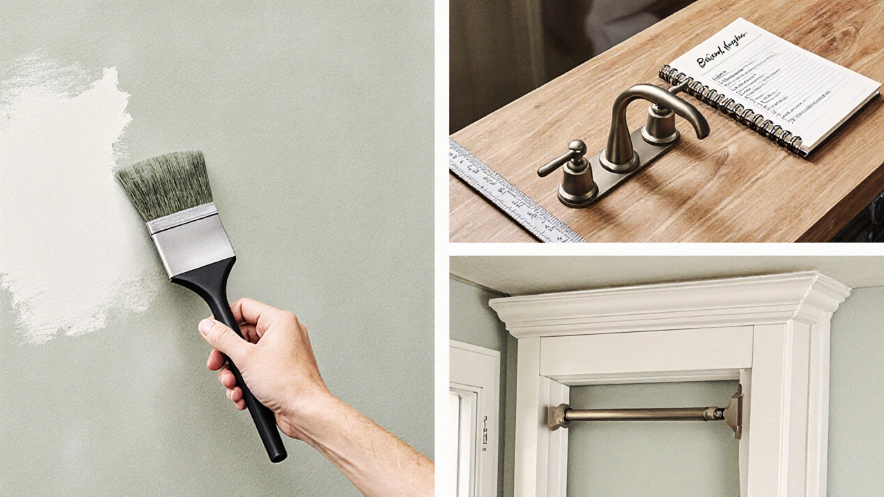 Painter applying fresh paint and installing new hardware and crown molding.