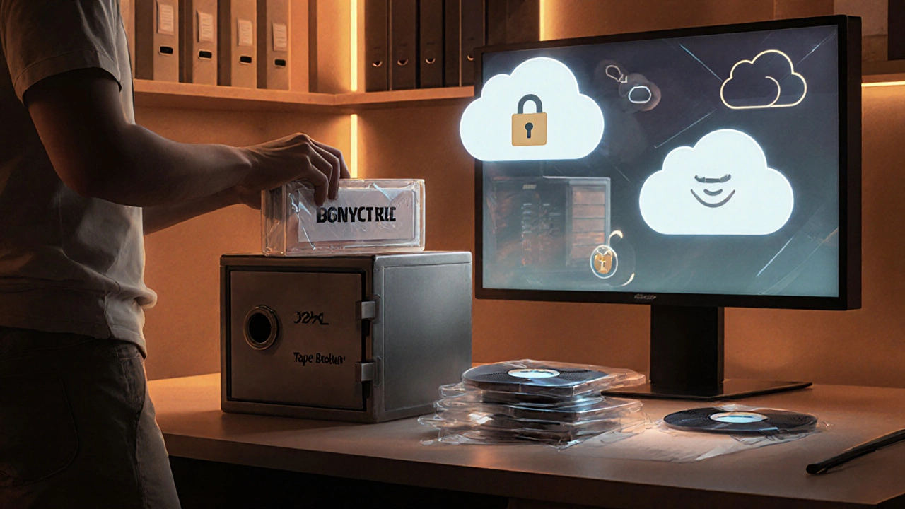 Person securing tape backup and optical discs while cloud icons float above, illustrating 3‑2‑1 rule.