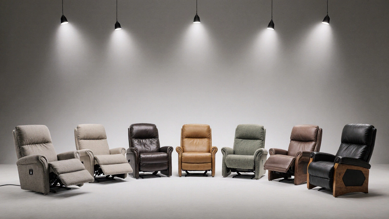 Showroom display of various recliner styles representing different brands.