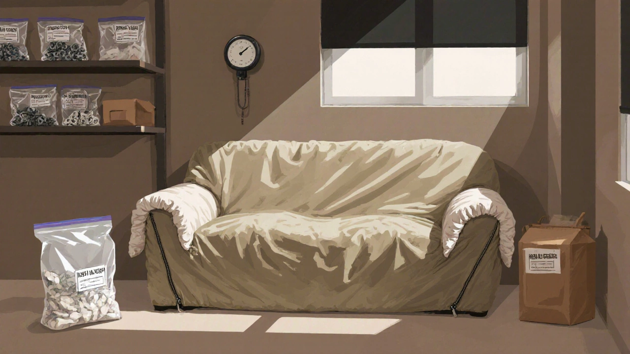 Sofa wrapped in zippered storage cover, upright with moving blankets and hygrometer nearby.