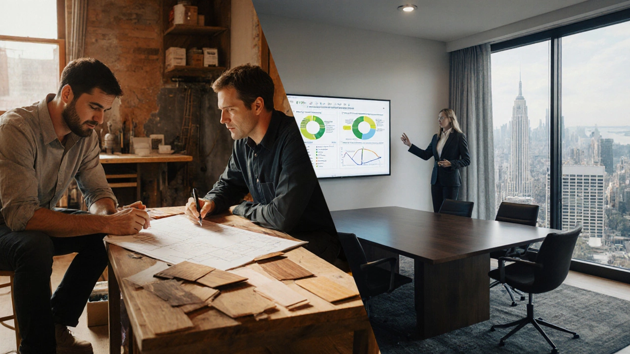 Split scene showing a small builder meeting at a workshop and a corporate construction firm in a conference room.