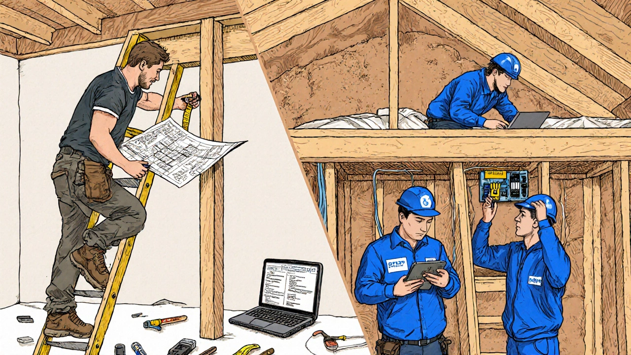 Split scene showing DIY homeowner with tools on left, professional crew on right.