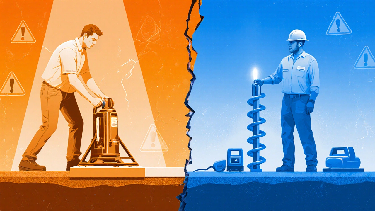 Split view of DIY slab lifting with a jack versus professional crew using heavy equipment.