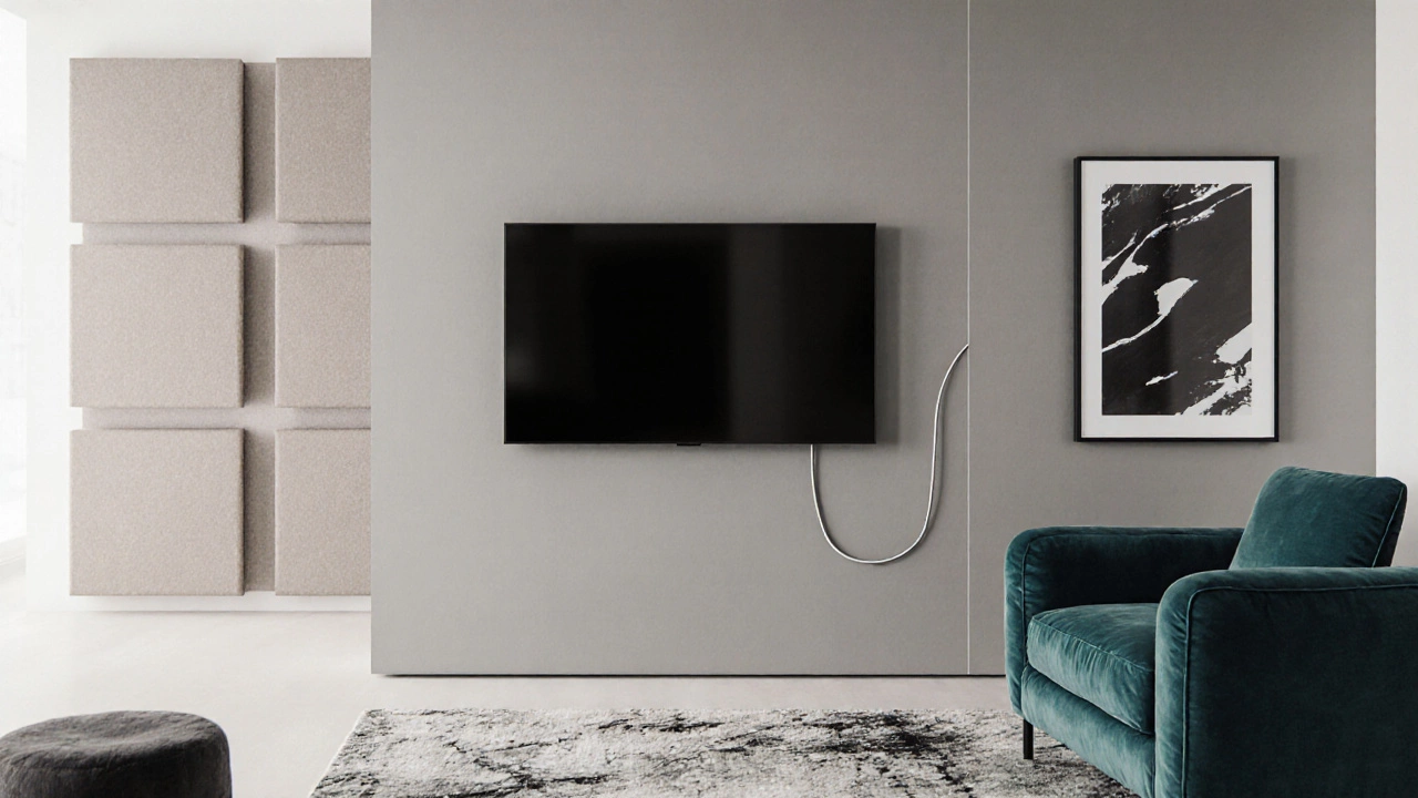 Stylish media wall with low‑profile TV, hidden cables, and balanced décor.