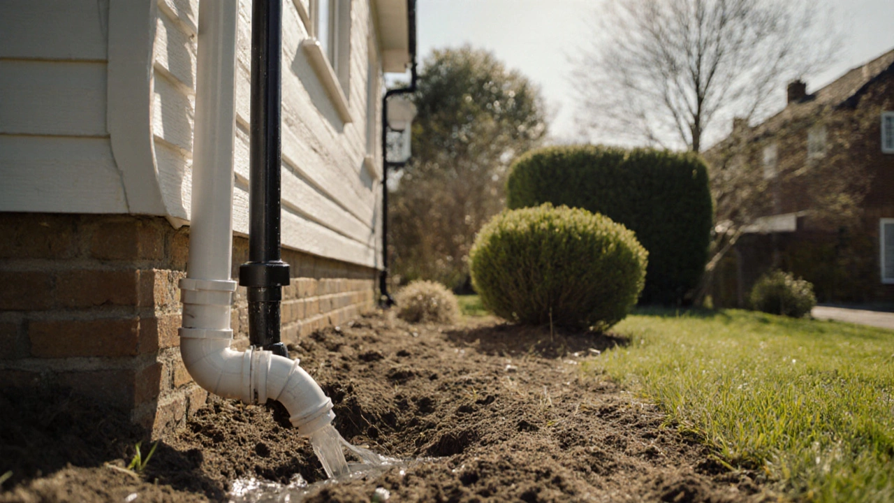 Sunny exterior of a home with graded soil, extended downspouts, and sump pump draining away from foundation.