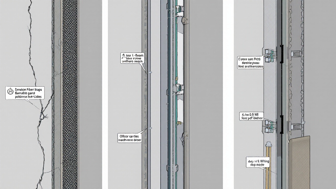 Technical illustration showing three foundation repair methods: carbon fiber straps, steel I-beams, and wall anchors.