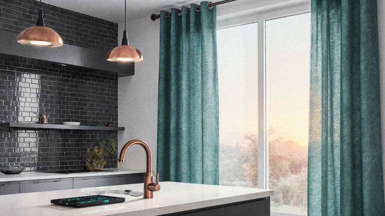 Verdigris curtains in a modern kitchen with charcoal tiles and copper fixtures.