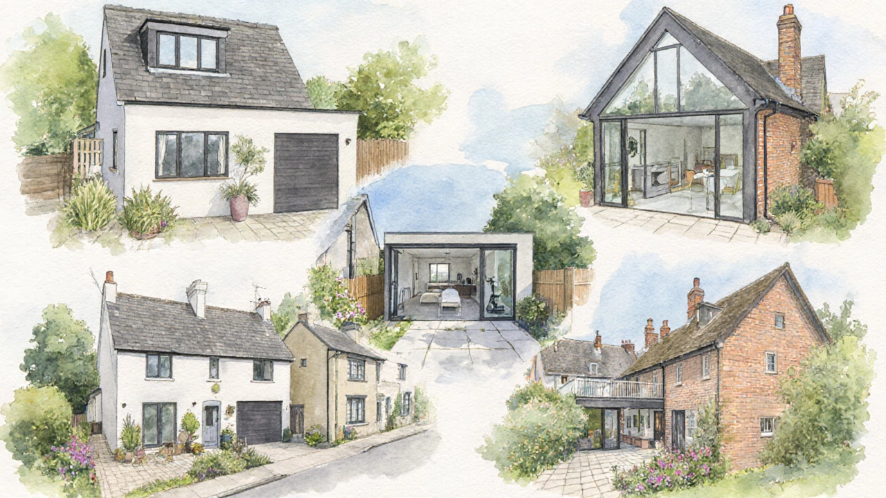 Watercolor collage of loft, garage, rear, double‑storey, and side extensions.