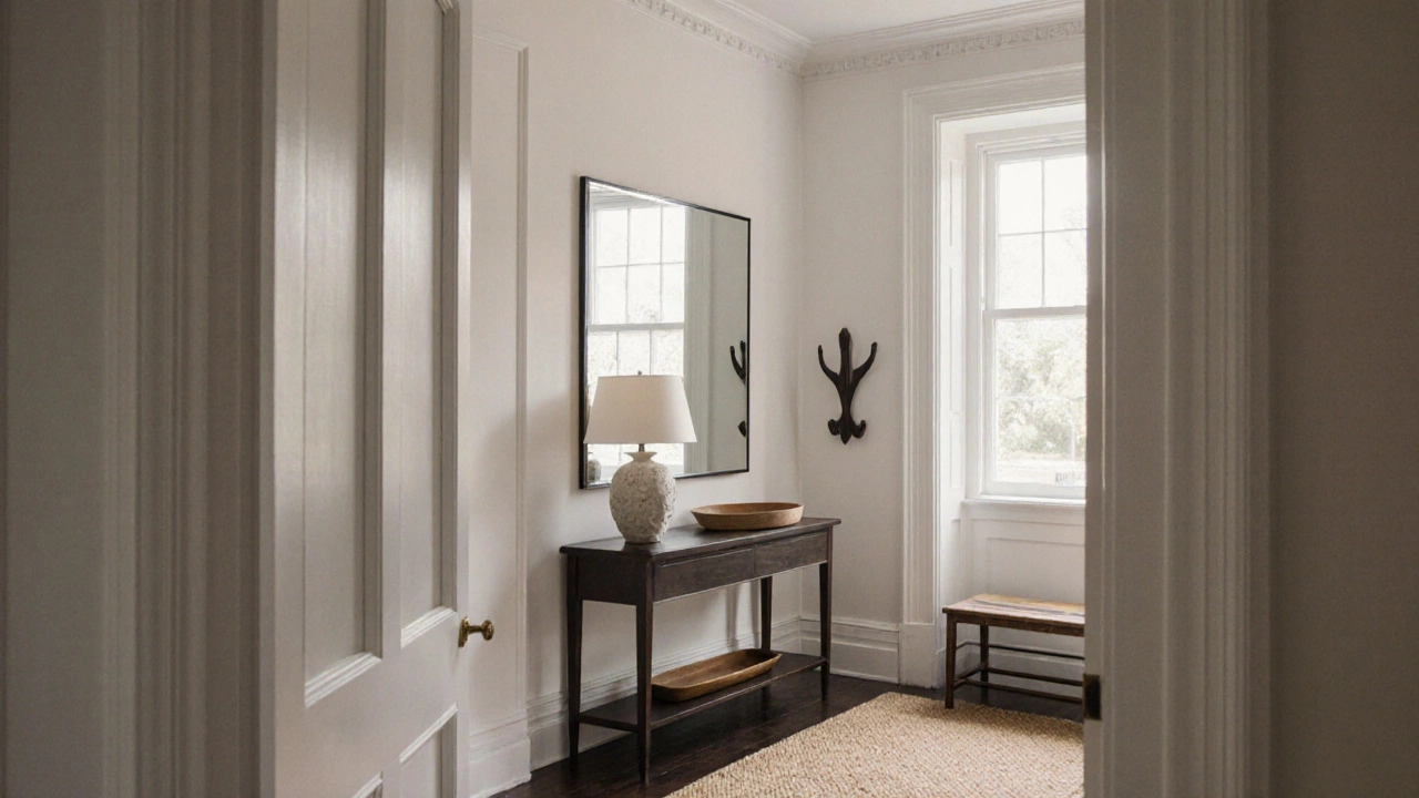 A bright hallway with a large mirror reflecting light, minimal console decor, and soft textures.