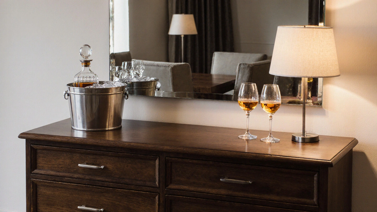 A dining room dresser styled as a bar with ice bucket, decanter, wine glasses, and a mirror reflecting the room.