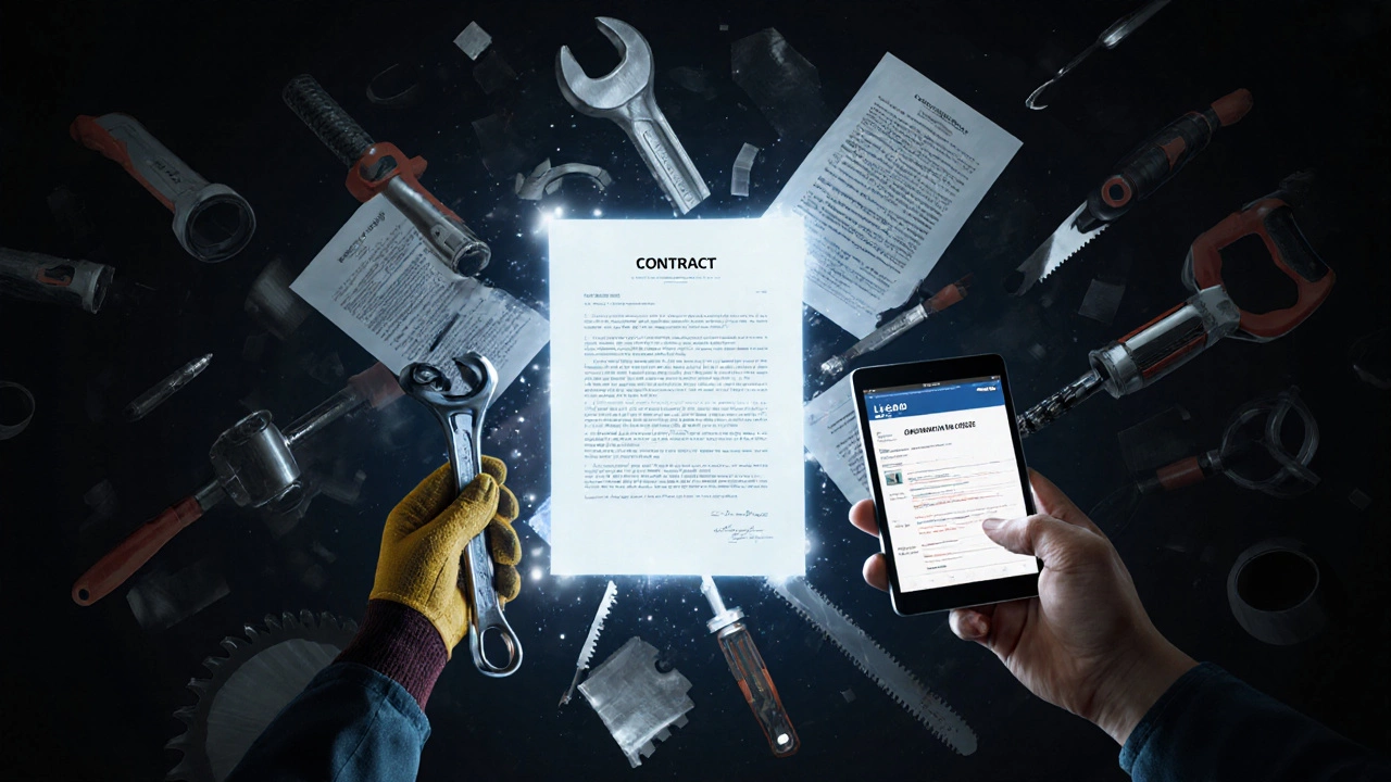 A glowing contract hovers between hands holding tools and a license verification tablet, surrounded by dissolving tools.