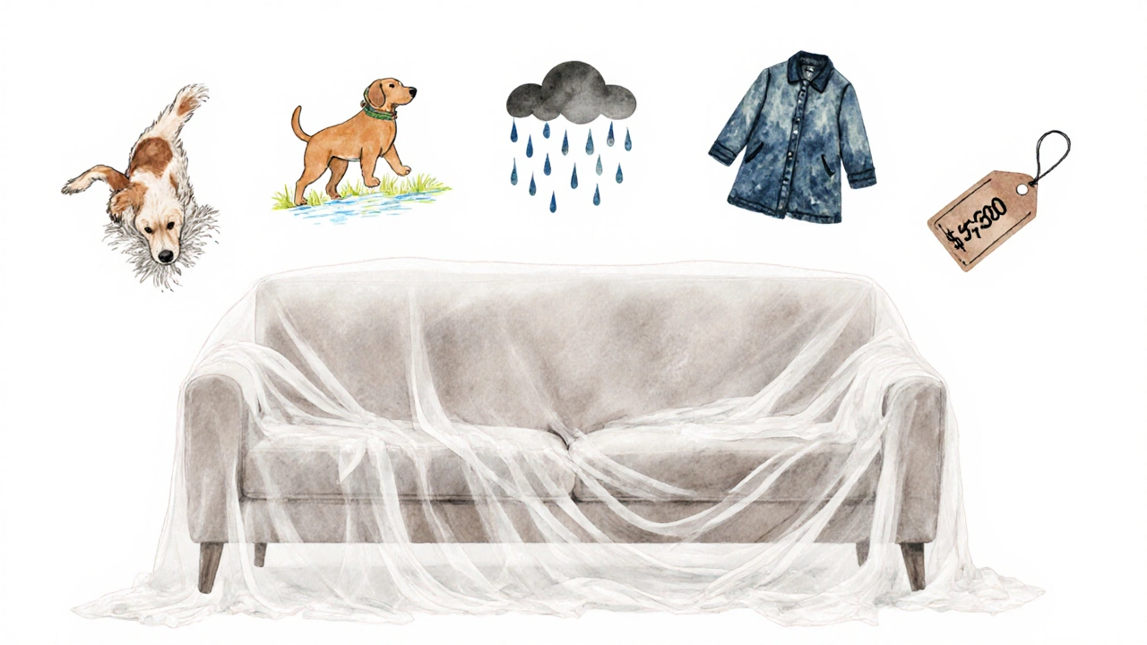 A protective white sheet shields a couch from pet hair, spills, and rain, symbolizing practical care.