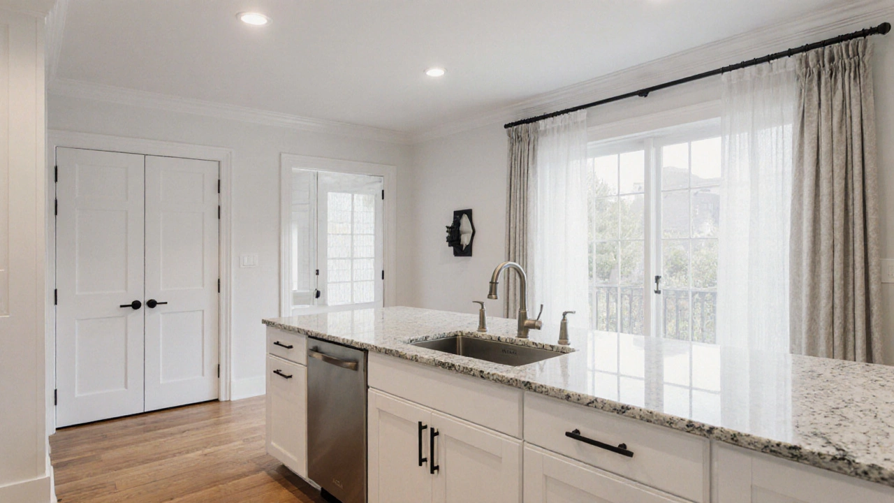 A traditional kitchen updated with matte black hardware, quartz countertops, and a wall-mounted faucet.