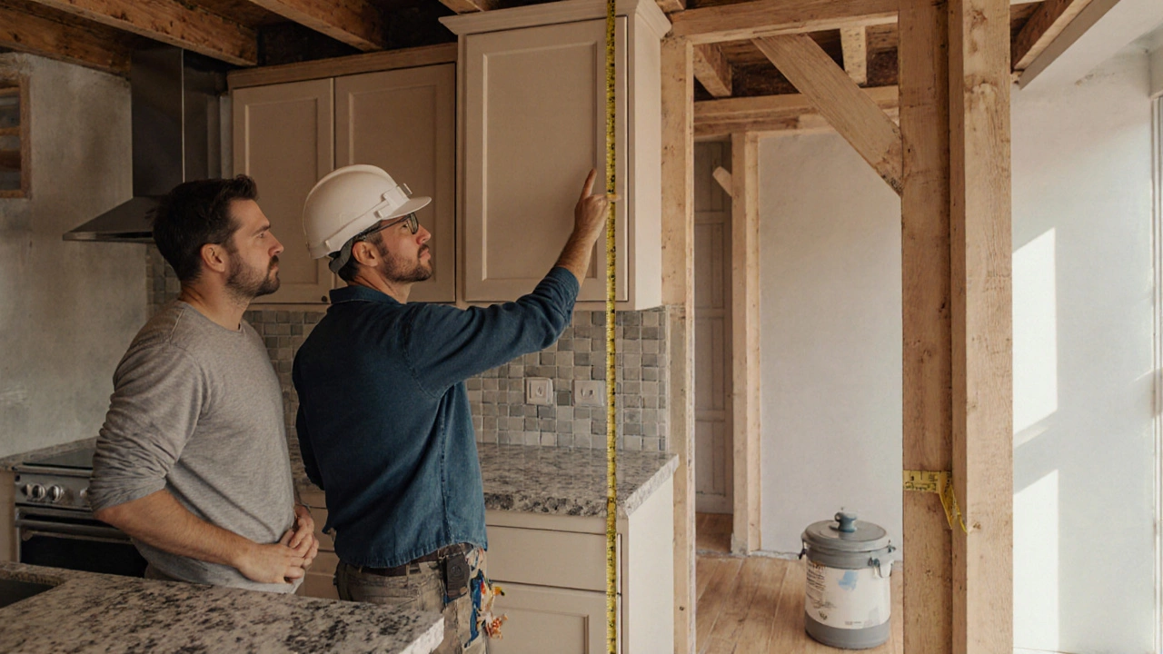 Architect inspecting kitchen renovation, highlighting cabinet height and material transitions.